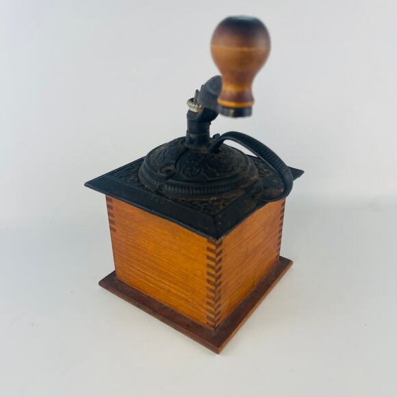 Antique Coffee Grinder Ornate Cast Iron Hand Crank Wooden Dove Tail Base - Picture 5 of 6